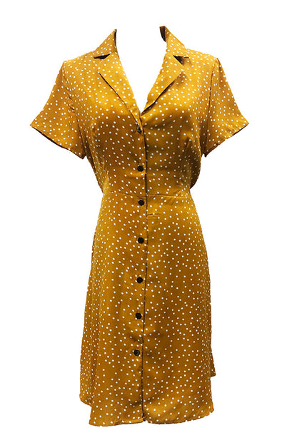 Polka Dot Button Through Retro Dress Mustard