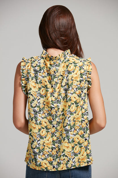 Yellow Floral Print Smocked Neck Blouse