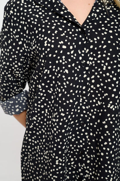Black Spot Button Up Shirt Dress - Long Sleeve