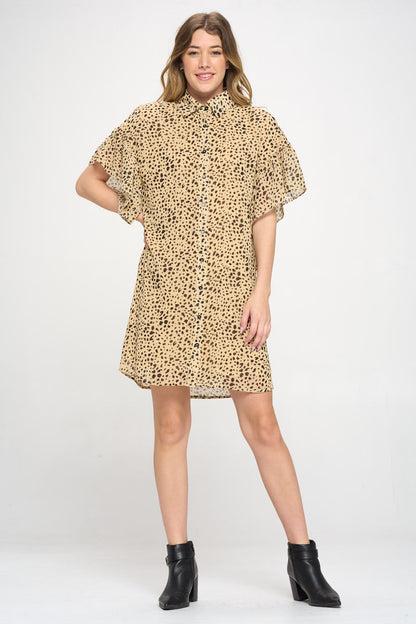 Leopard Print Button Up Shirt Dress- Short Sleeves