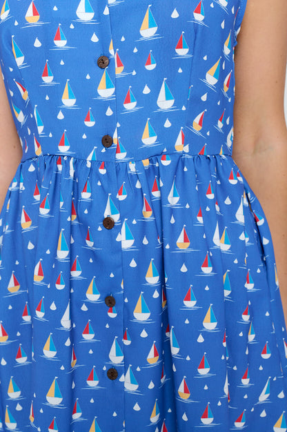 ALL OVER SAIL BOAT PRINT DRESS WITH POCKETS