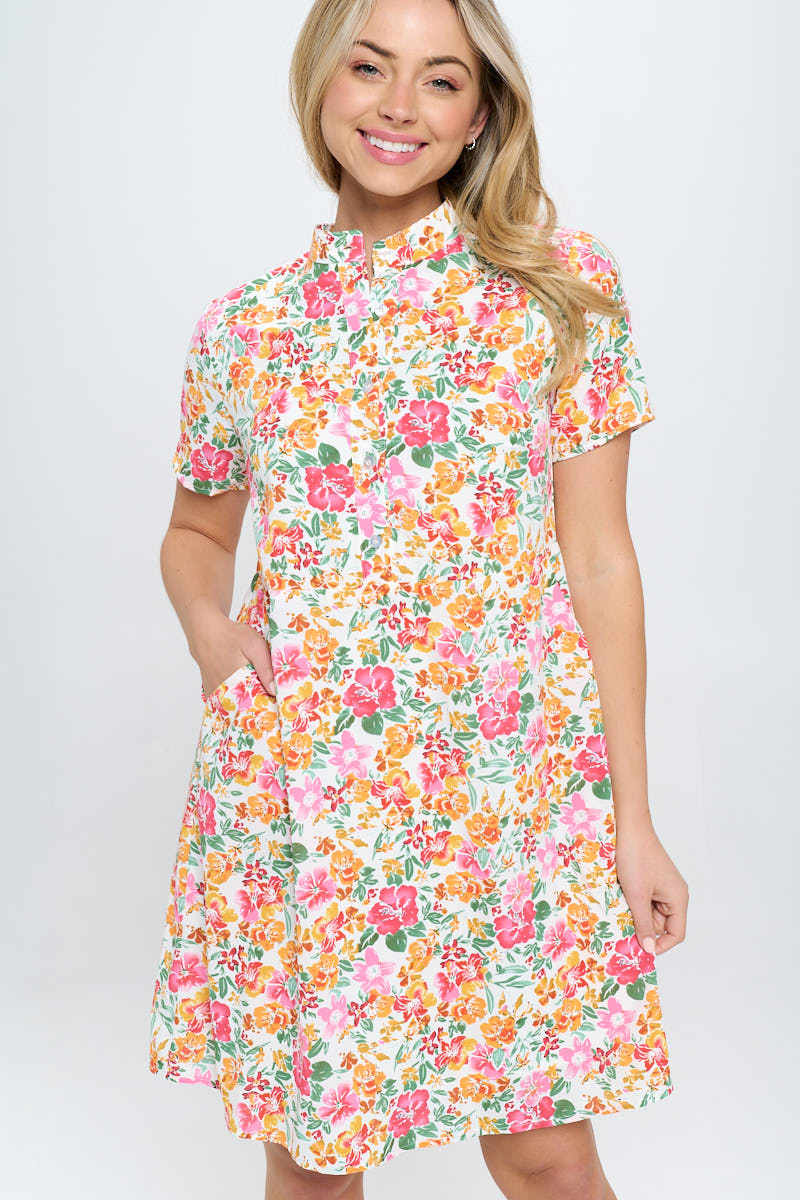 FLORAL PRINT BUTTON UP HIGH NECK DRESS WITH POCKETS