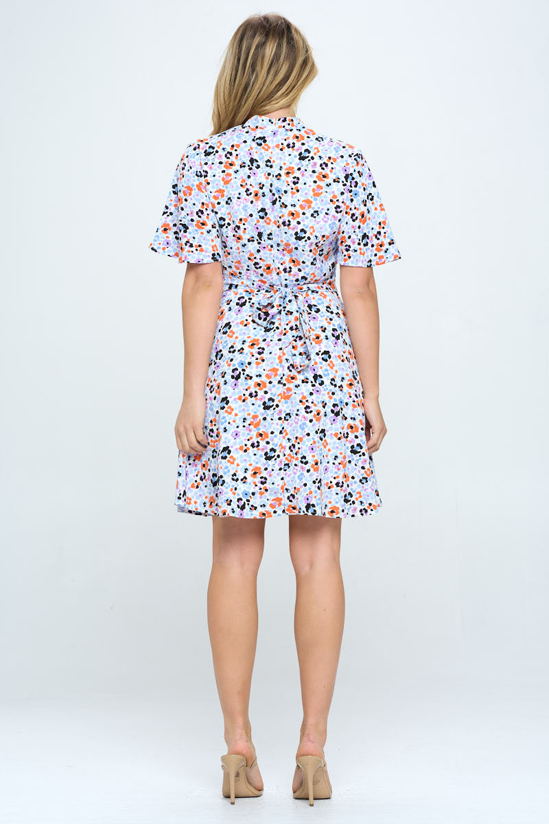ALL OVER FLORAL PRINT FLUTTER SLEEVE DRESS WITH POCKETS