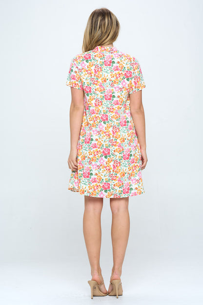 FLORAL PRINT BUTTON UP HIGH NECK DRESS WITH POCKETS