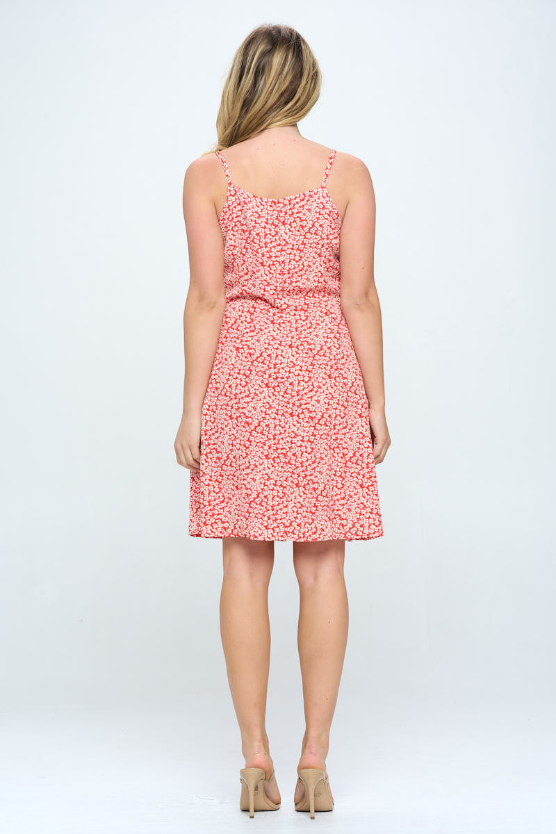 FLORAL PRINT RED DRESS SPAGHETTI STRAP WITH POCKETS