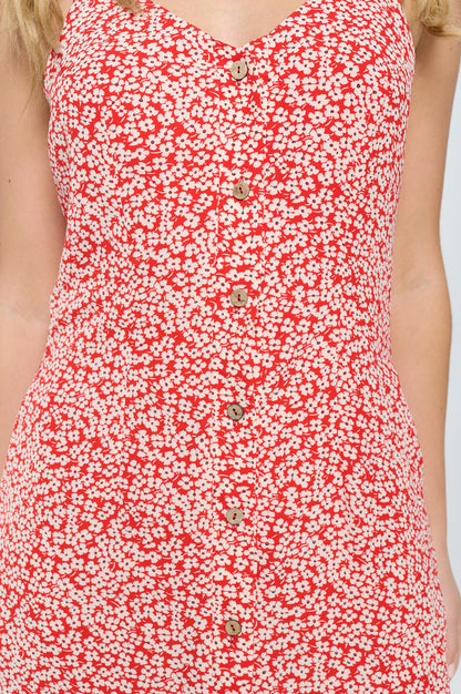 FLORAL PRINT RED DRESS SPAGHETTI STRAP WITH POCKETS