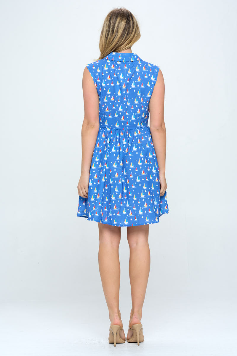ALL OVER SAIL BOAT PRINT DRESS WITH POCKETS