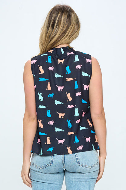 ALL OVER CAT PRINT BLACK TOP WITH NECK TIE
