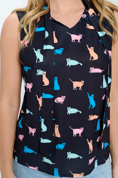 ALL OVER CAT PRINT BLACK TOP WITH NECK TIE