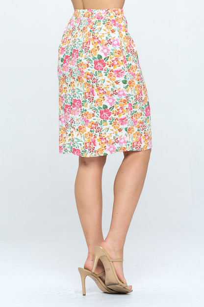 SPRING FLORAL PRINT HIGH RISE SKIRT WITH POCKETS