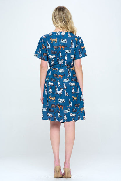 ALL OVER CAT PRINT DRESS WITH POCKET