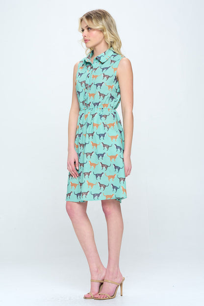 ALL OVER CAT PRINT BUTTON UP GREEN DRESS WITH POCKETS
