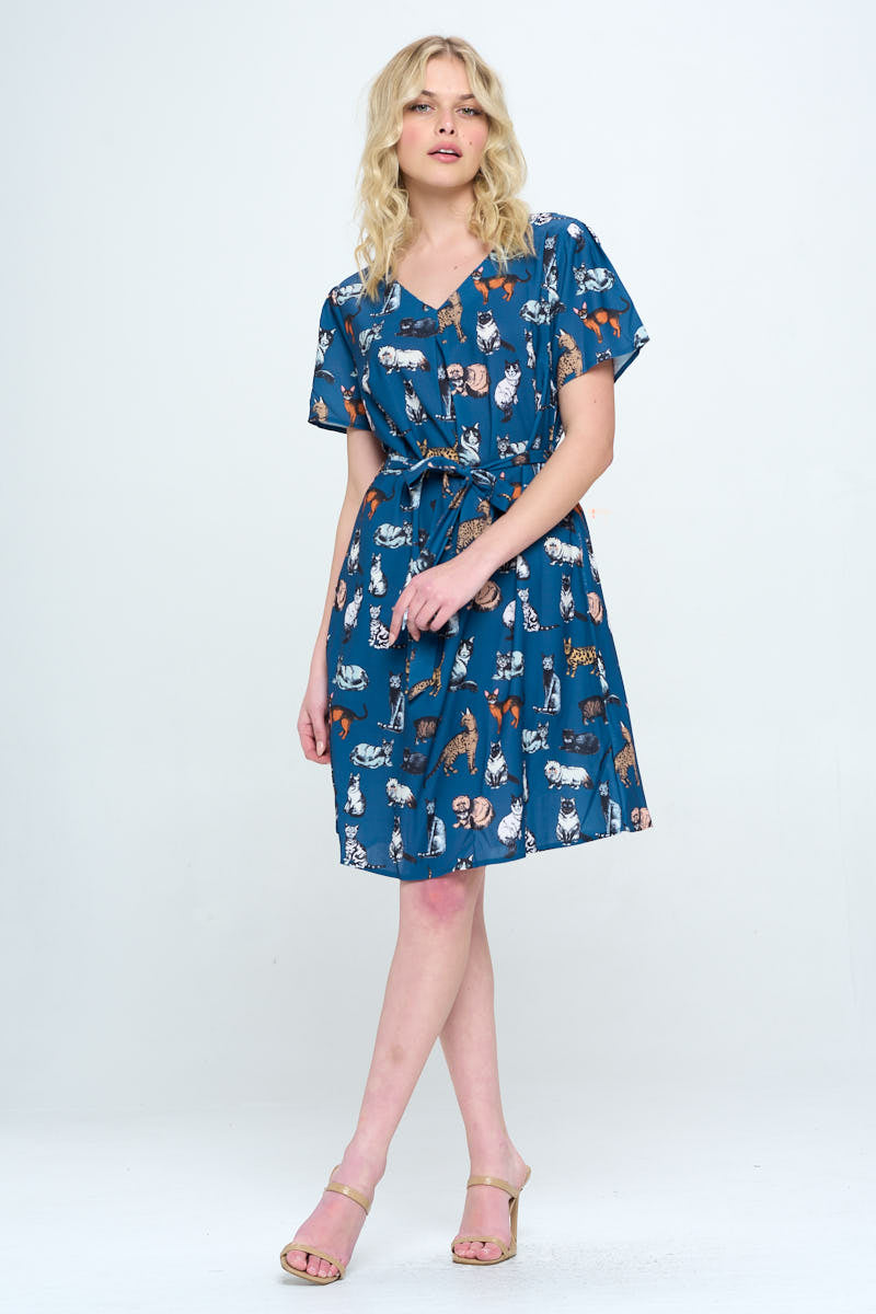 ALL OVER CAT PRINT DRESS WITH POCKET