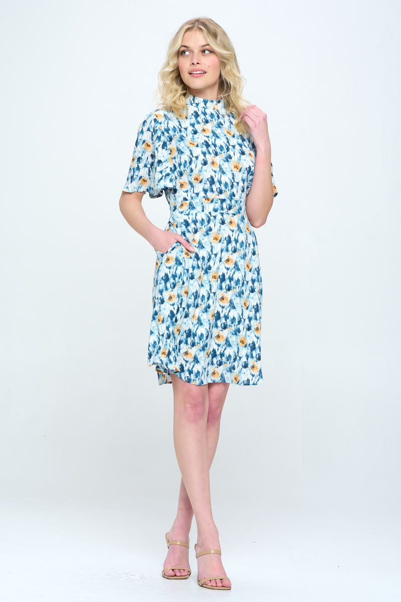 Flutter Sleeve Floral Print Dress with pockets