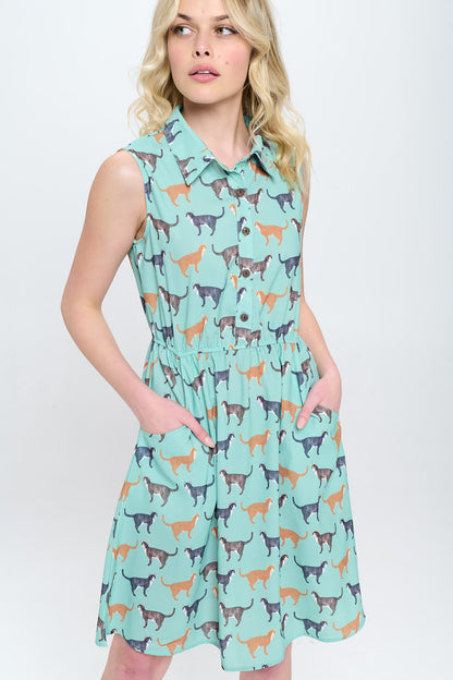 ALL OVER CAT PRINT BUTTON UP GREEN DRESS WITH POCKETS