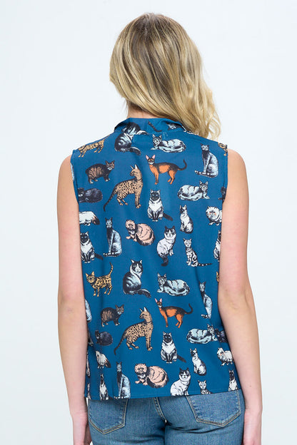 ALL OVER CAT PRINT TOP WITH NECK TIE