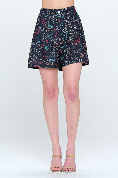 Vintage-inspired Cat Print Short with Pockets