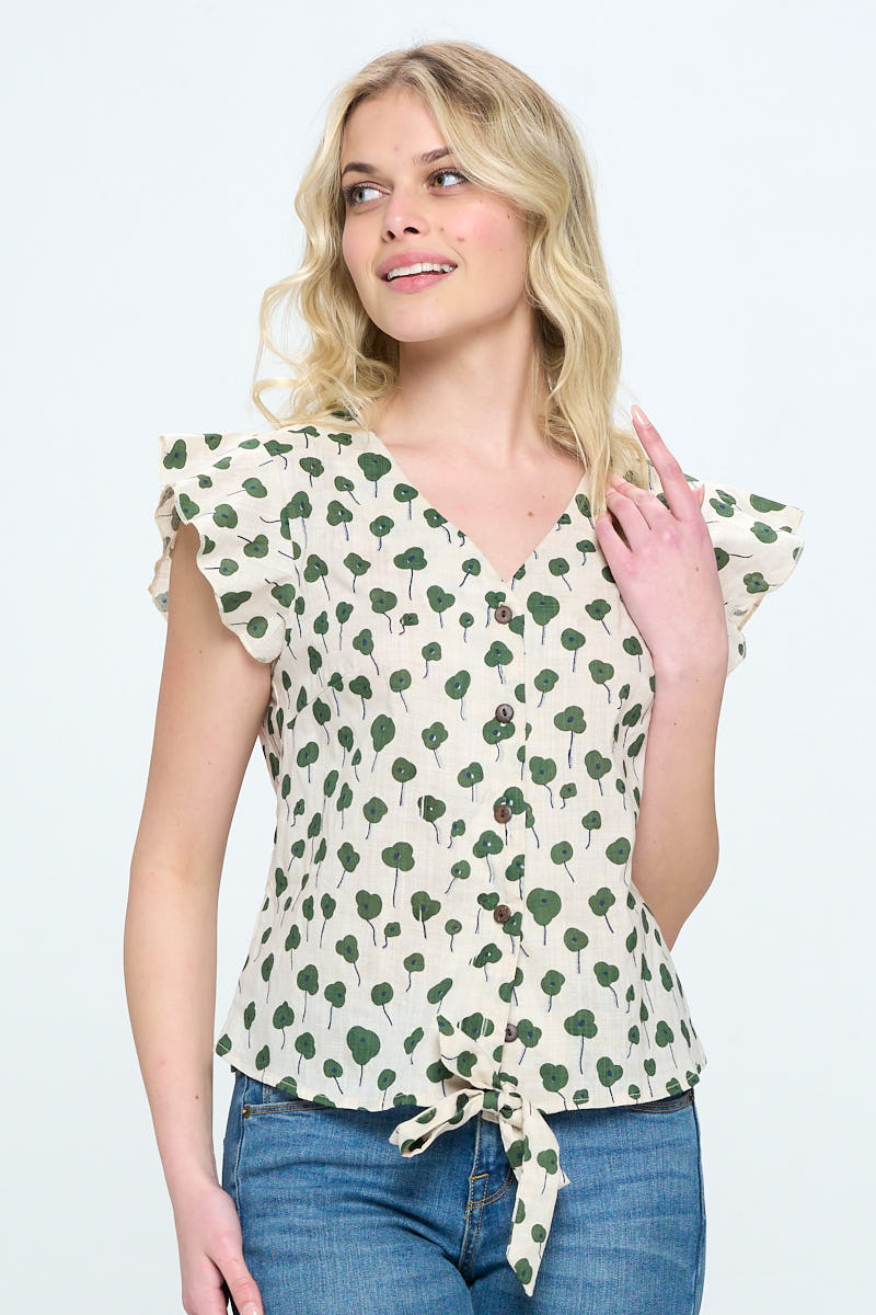 GREEN FLORAL PRINT BUTTON UP TOP