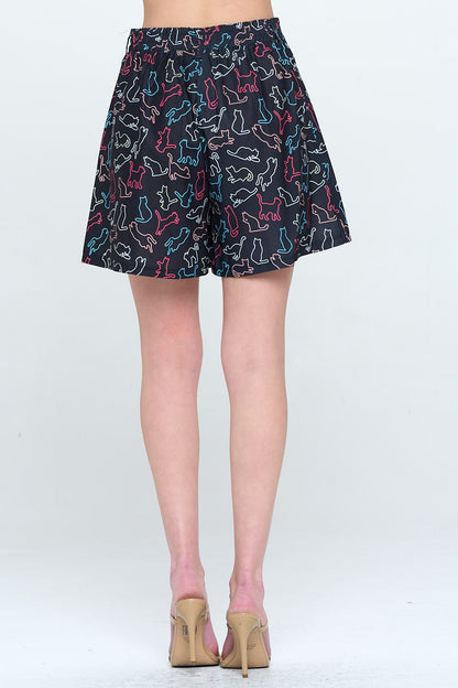 Vintage-inspired Cat Print Short with Pockets