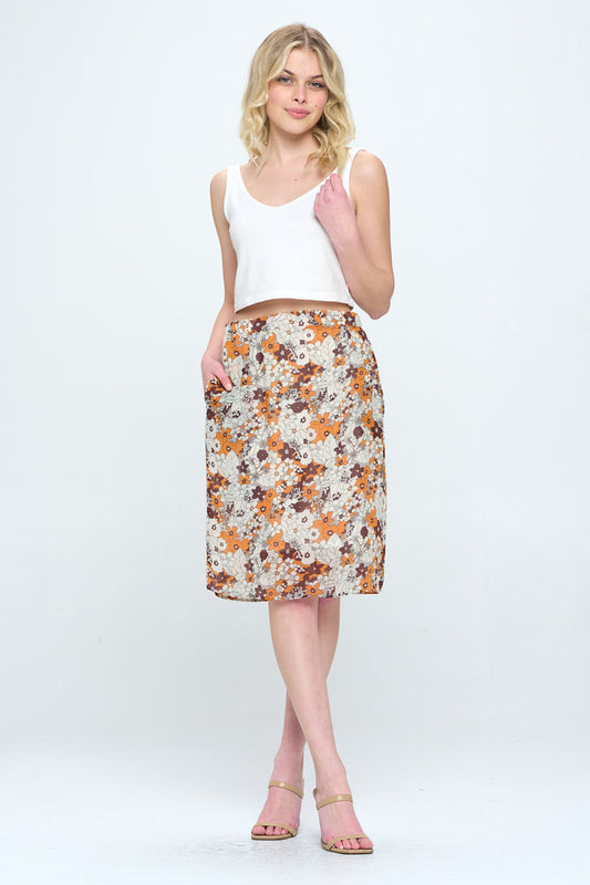 BROWN FLORAL PRINT SKIRT WITH POCKETS