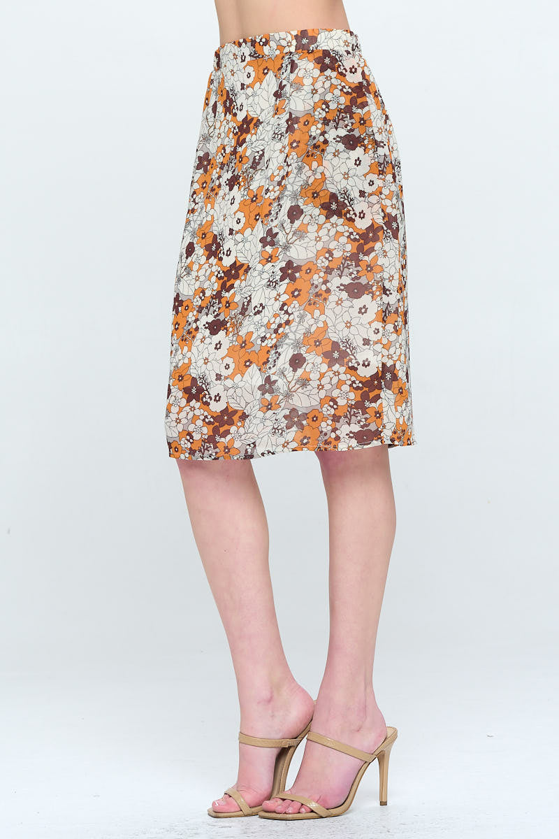BROWN FLORAL PRINT SKIRT WITH POCKETS