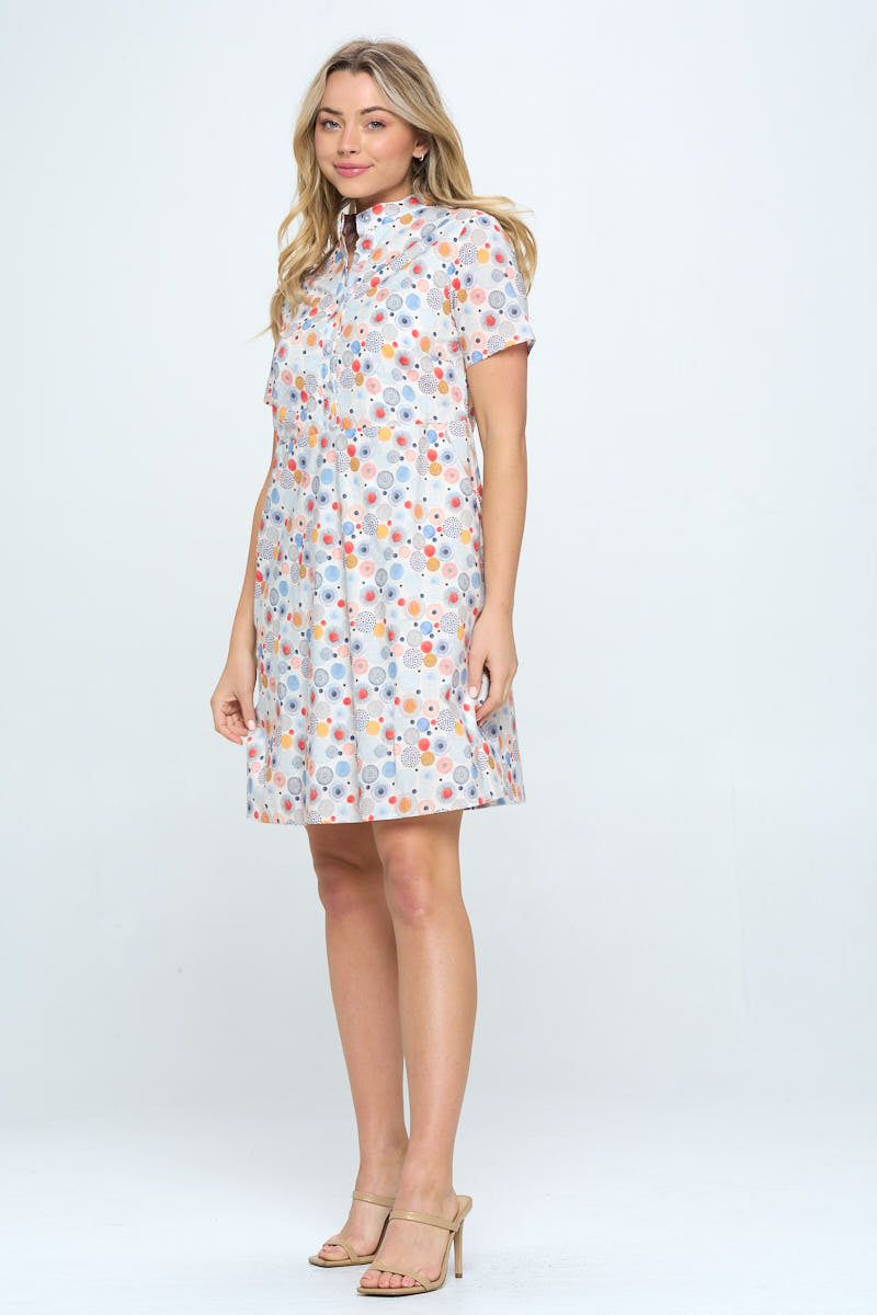 ALL OVER COLORFUL DOT PRINT BUTTON UP DRESS WITH POCKETS