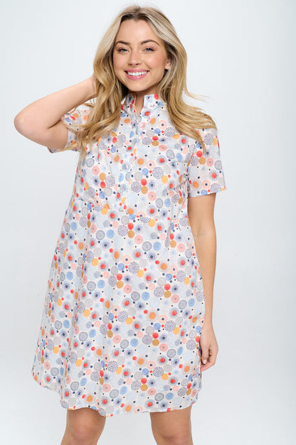 ALL OVER COLORFUL DOT PRINT BUTTON UP DRESS WITH POCKETS
