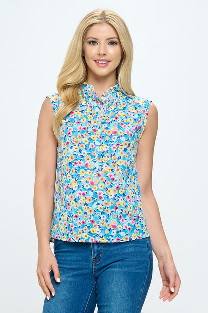 COLORFUL DITSY FLORAL PRINT TOP BLUE