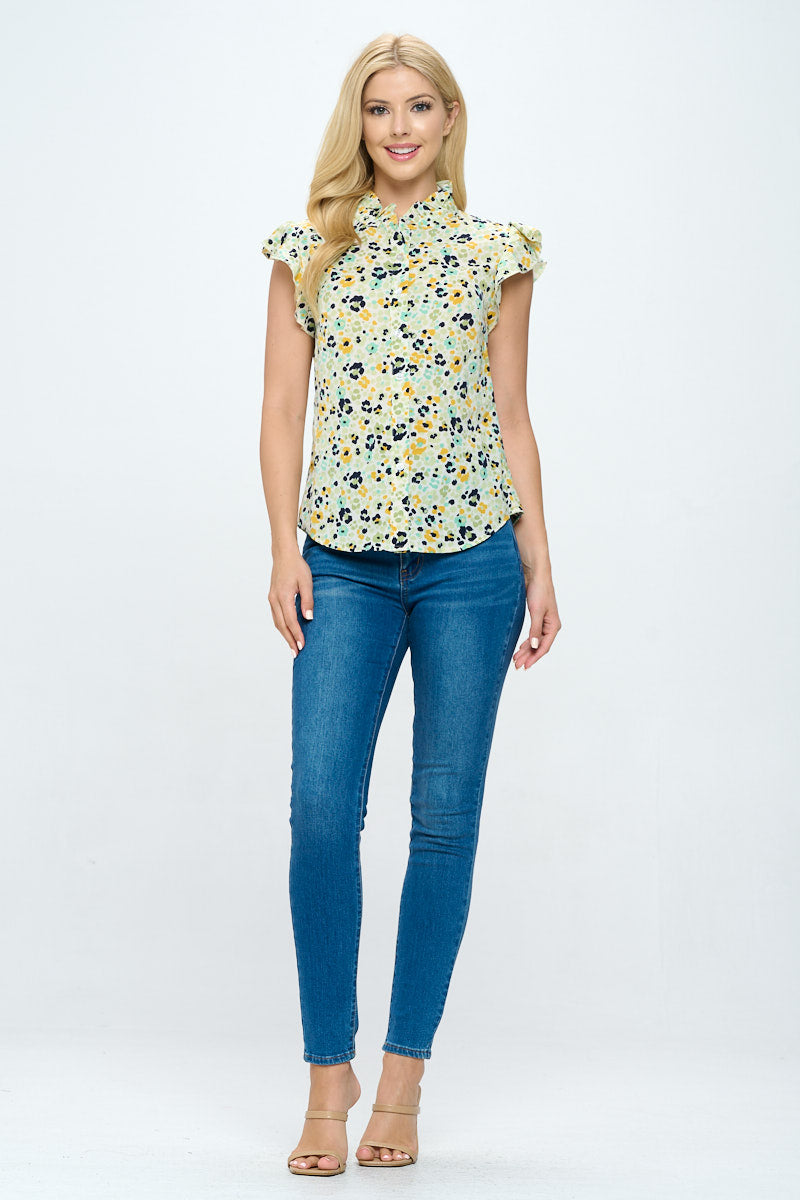 PAW FLORAL PRINT TOP RUFFLED SLEEVE