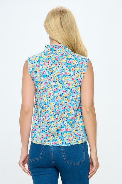 COLORFUL DITSY FLORAL PRINT TOP BLUE