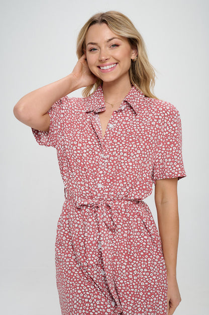 DITSY FLORAL BUTTON UP COLLAR DRESS PINK