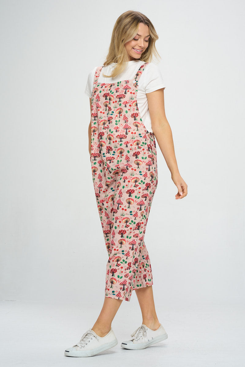 RED MUSHROOM FLORAL PRINT JUMPSUITS WITH POCKETS