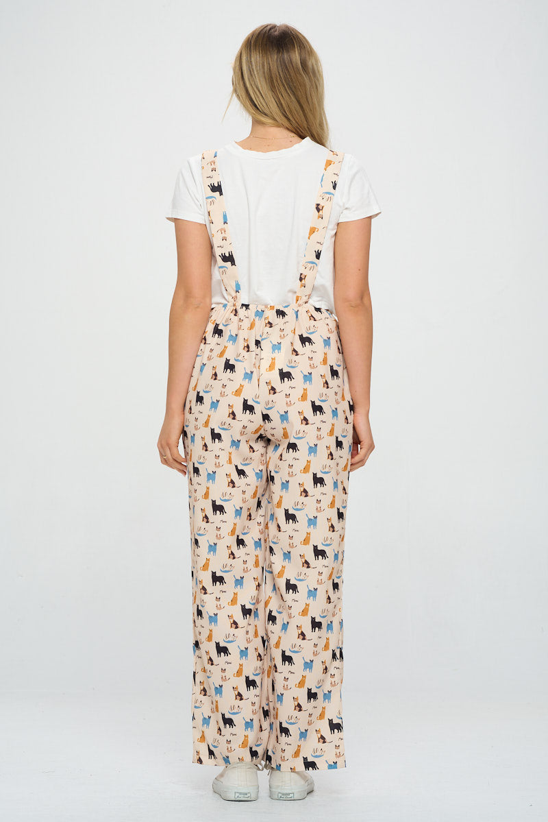 MEOW CAT PRINT JUMPSUITS WITH POCKETS