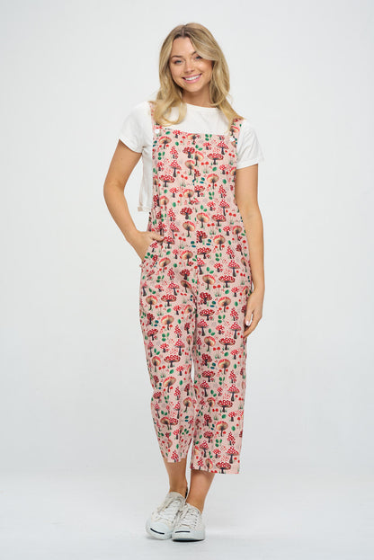 RED MUSHROOM FLORAL PRINT JUMPSUITS WITH POCKETS