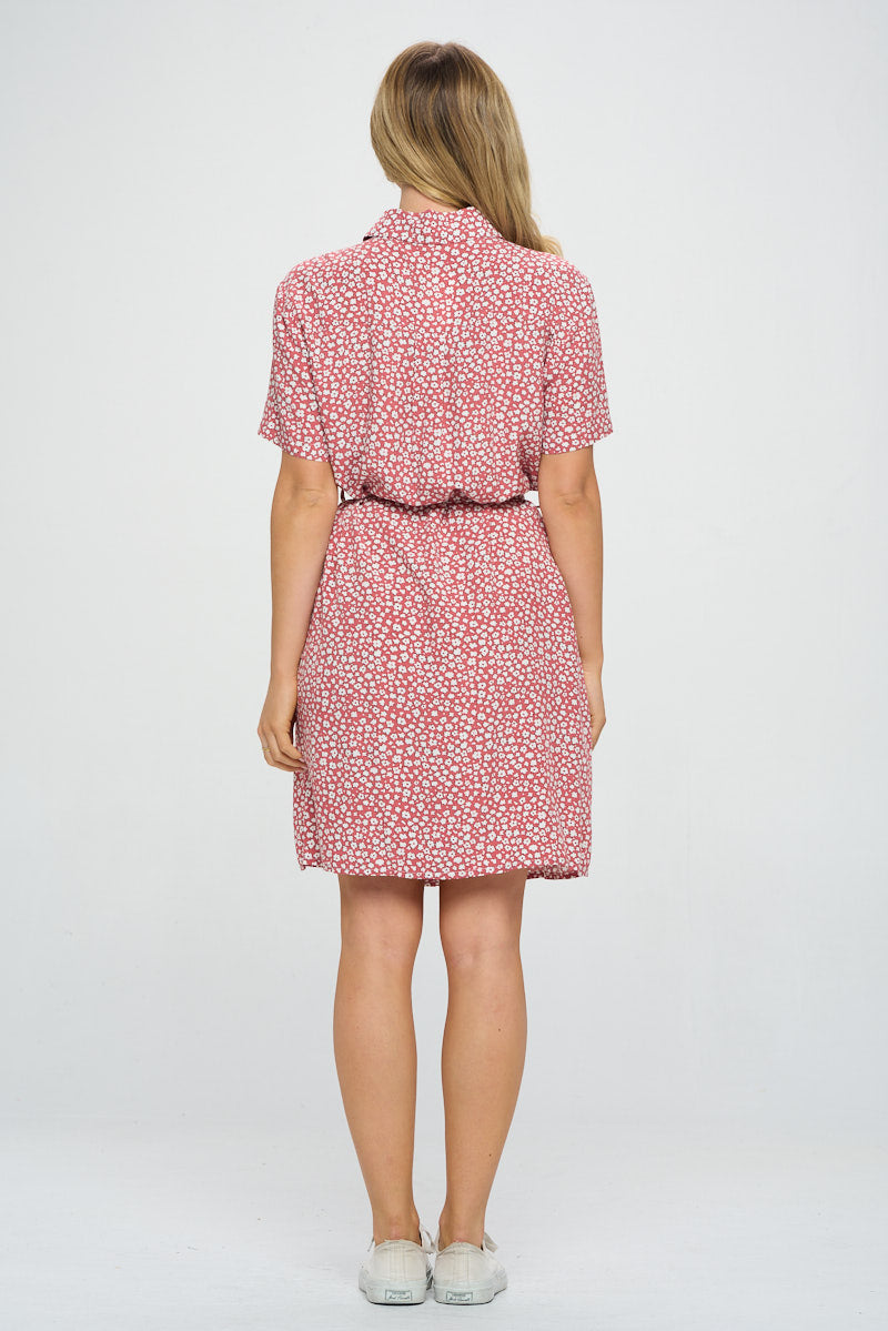 DITSY FLORAL BUTTON UP COLLAR DRESS PINK