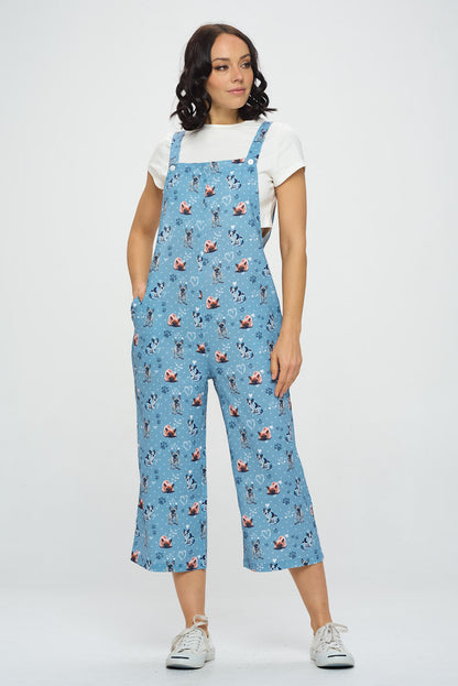FRENCHIE & HEART PRINT JUMPSUITS WITH POCKETS