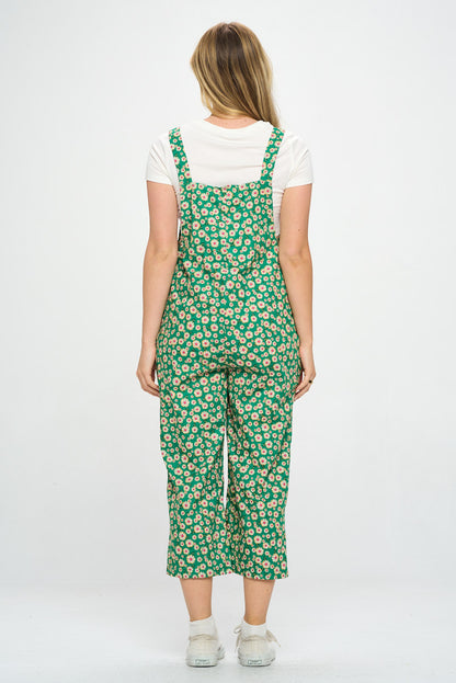 GREEN DAISY FLORAL PRINT JUMPSUITS WITH POCKETS