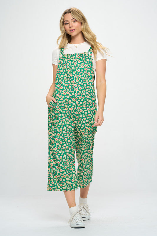 GREEN DAISY FLORAL PRINT JUMPSUITS WITH POCKETS