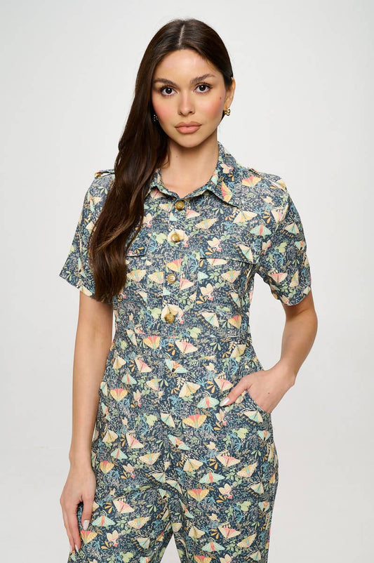 MOTH PRINT CORDUROY OVERALL JUMPSUIT