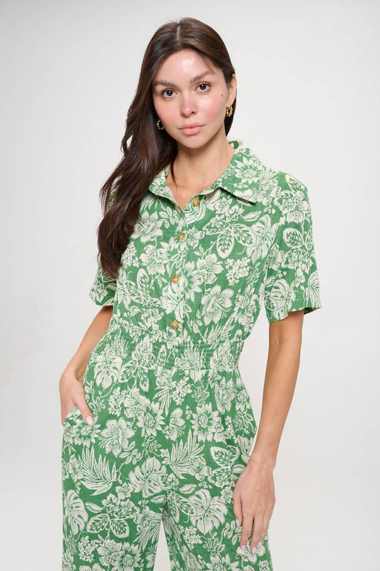 FLORAL LEAF PRINT GREEN OVERALL