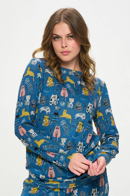 COLORFUL CATS PRINT PULLOVER BLUE